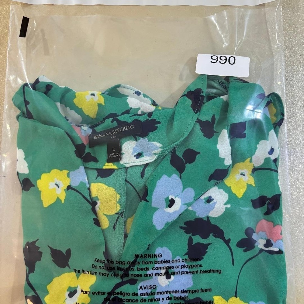 Banana Republic Floral Ruffle Sleeve Blouse Womens Large Green V-Neck Top - Picture 7 of 7